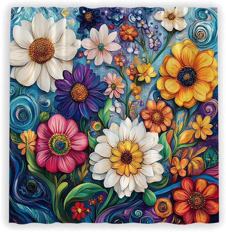 Boho Floral Shower Curtain Abstract Colorful Bohemian Blossom Sunflowers Daisies Flowers Tropical Plant Bright Wildflowers Spring Oil Painting Aesthetic Polyester Bathroom Curtain Set with Hooks