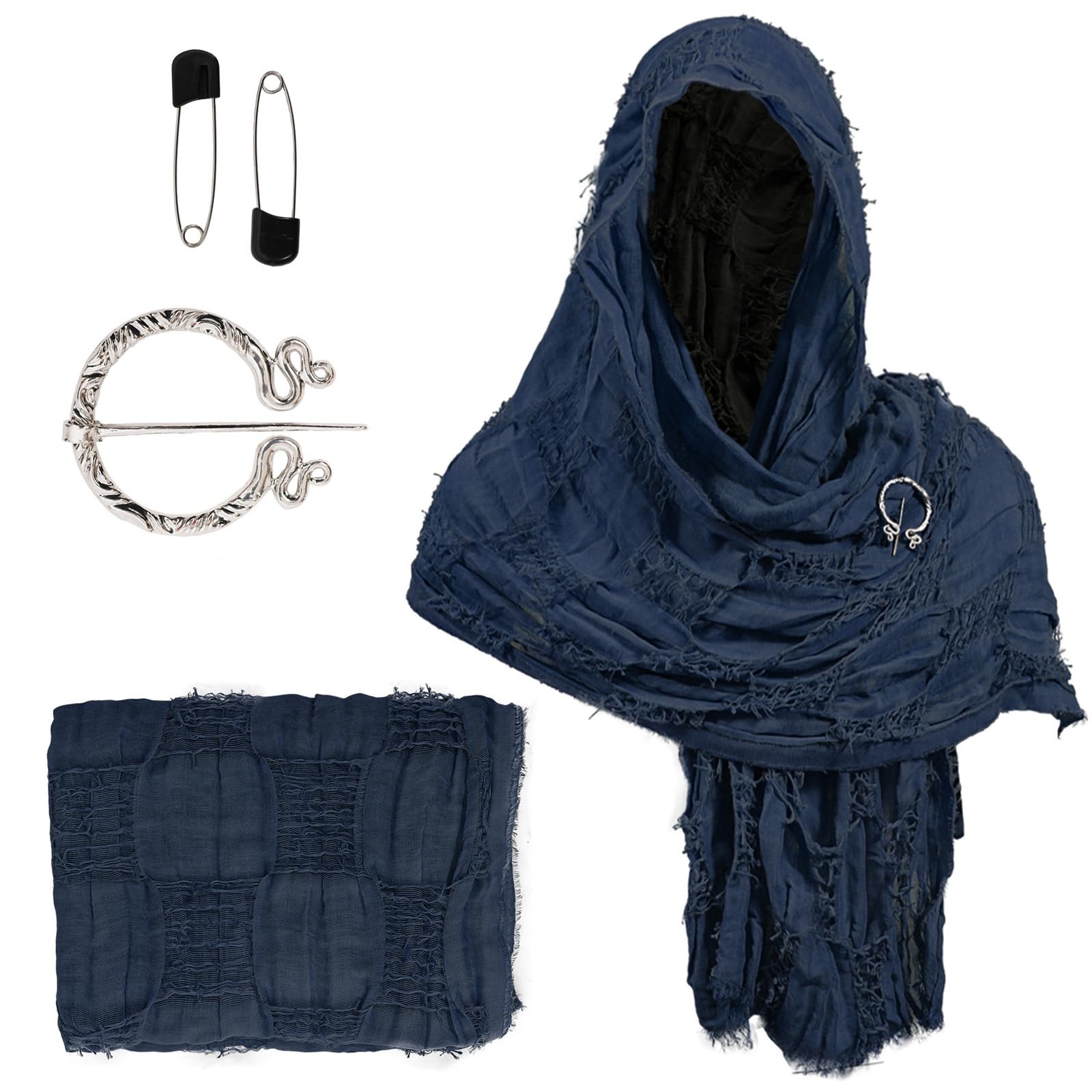 Tsophreniq Medieval Roleplay Shawl Distressed Scarf Witch Costume Accessory with Brooch Renaissant Fair Halloween Cosplay Headpiece Historical Clothing Accessory