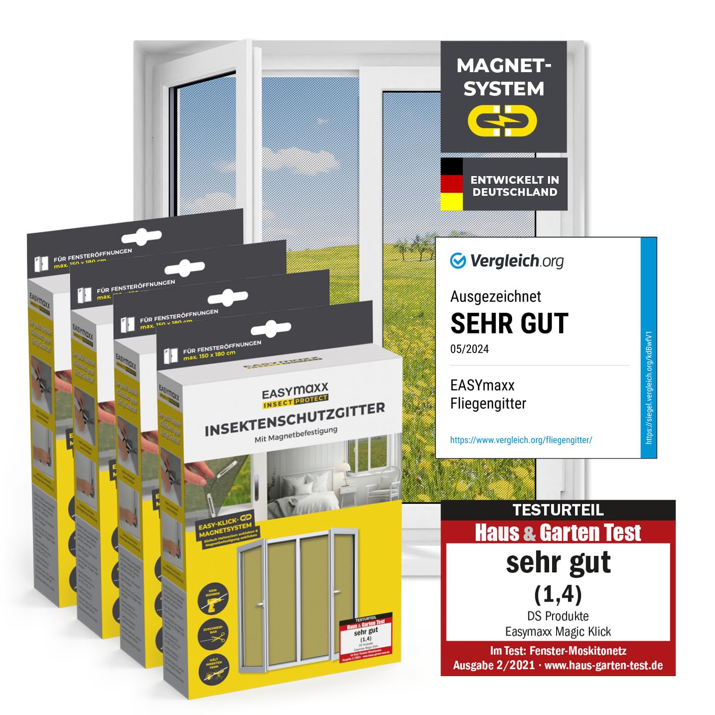 EASYmaxx Insect Protect Fliegengitter Fenster mit Magnetbefestigung | zuschneidbares Moskitonetz | Insektenschutz Fenster bis 150 x 180 cm | Mückenschutz Magnet - leichte Montage [4 Stück]