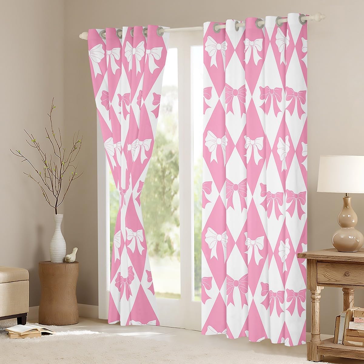 Manfei Pink Bow Curtains,Princess Style Bowknot Cartoon Girly Window Drapes,Geometric Pink White Diamond Plaids Patchwork Window Treatment Block 30%-50% Light Grommet Top 2 Panels,42Wx90L