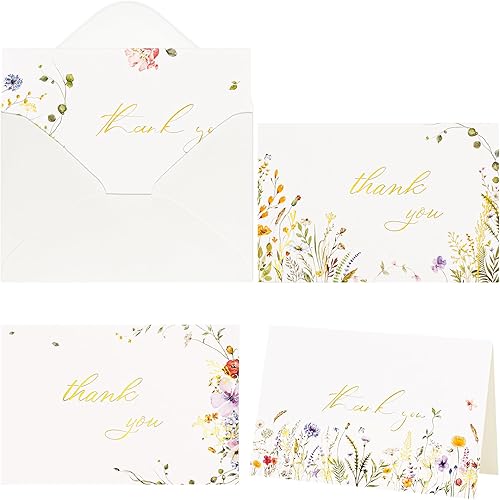 Miniatura 4 de Crisky 4 tarjetas de agradecimiento de lámina dorada surtidas, flores silvestres de acuarela (50 tarjetas con sobres para cumpleaños, baby shower,