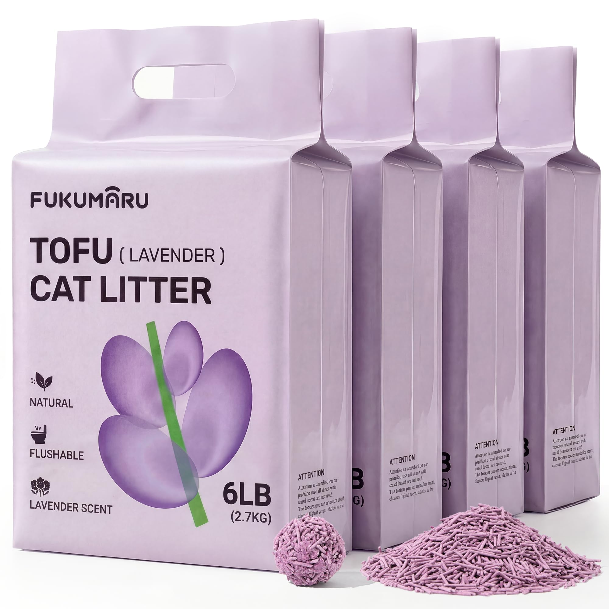 FUKUMARU Arena de Tofu para Gatos 10.8kg - Arena aglomerante para Gatos, Control de olores con Aroma de Lavanda, Libre de Polvo y fácil de aglomerar, desechable en el Inodoro