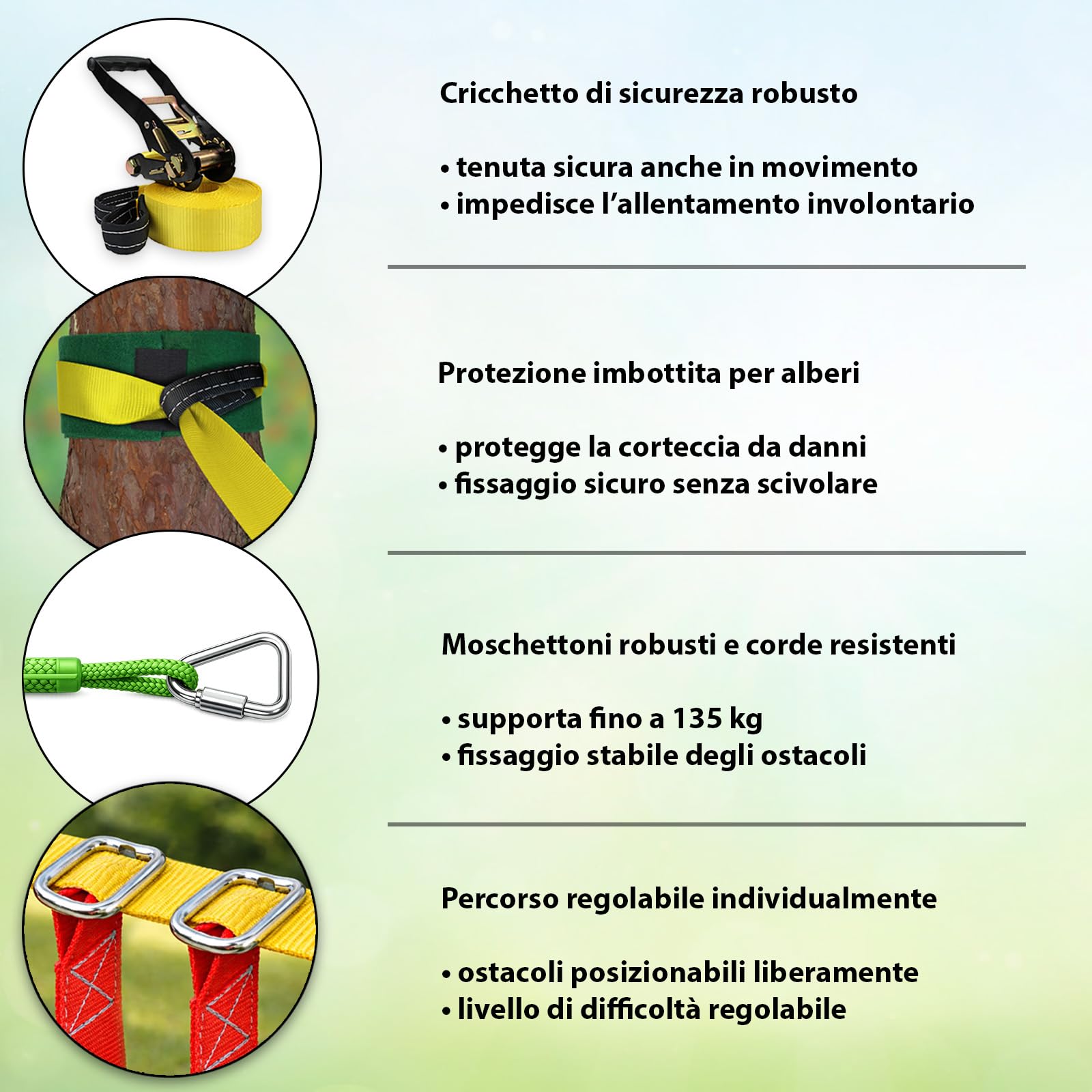 ALPIDEX Ninja Warrior Set 15 m Gioco Bambini Slackline Percorso Sospeso Ostacoli Anelli Ginnastica Nodi Corda Altalena Scaletta Accessori