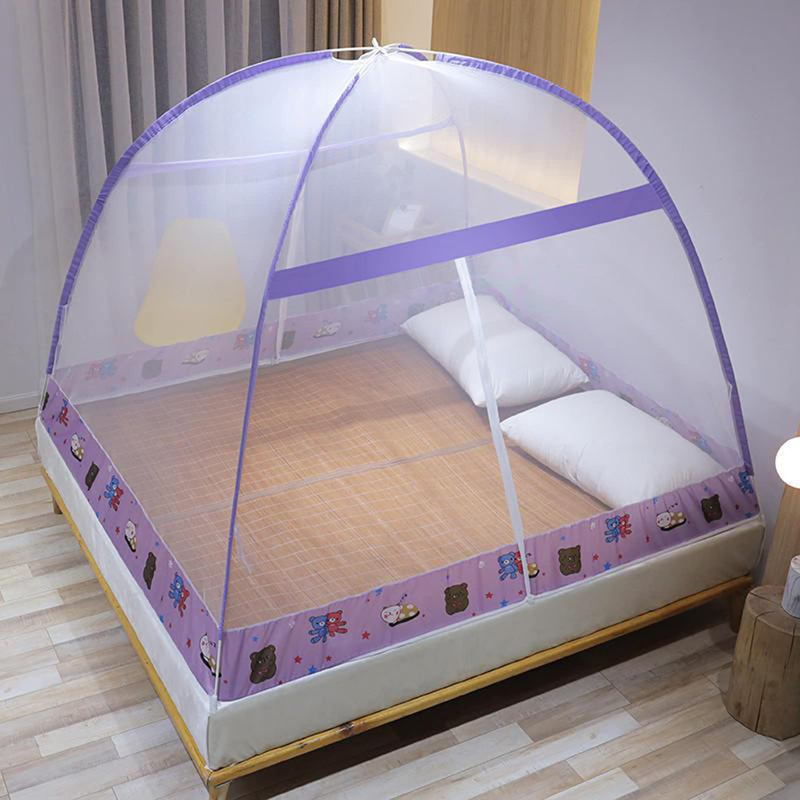 GJMSSMY Pop Up Mosquito Net for Double and Single Bed with Zipper Door Bed Canopy Tent Anti-fall Bed Yurt Enclosed Anti-mosquito Polyester Bed Curtains Easy Installation,Purple,150 * 200 *