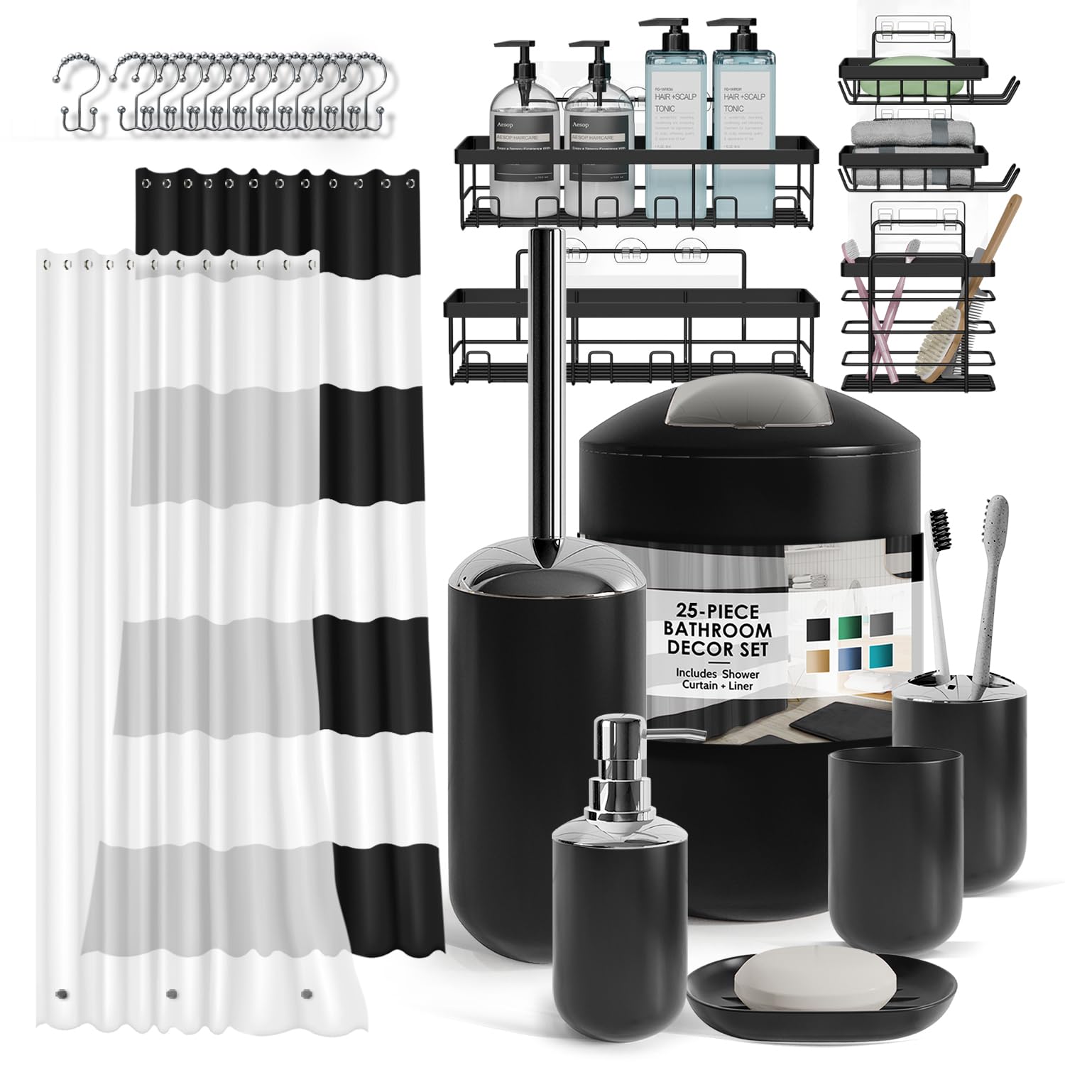 Clara Clark Bathroom Accessories Set - Bathroom Set with Adhesive Corner Shower Caddy Hanging, 25PC Bathroom Accessory Set, Black Shower Curtain Set, Toilet Brush, Trash Can & Soap Dispenser