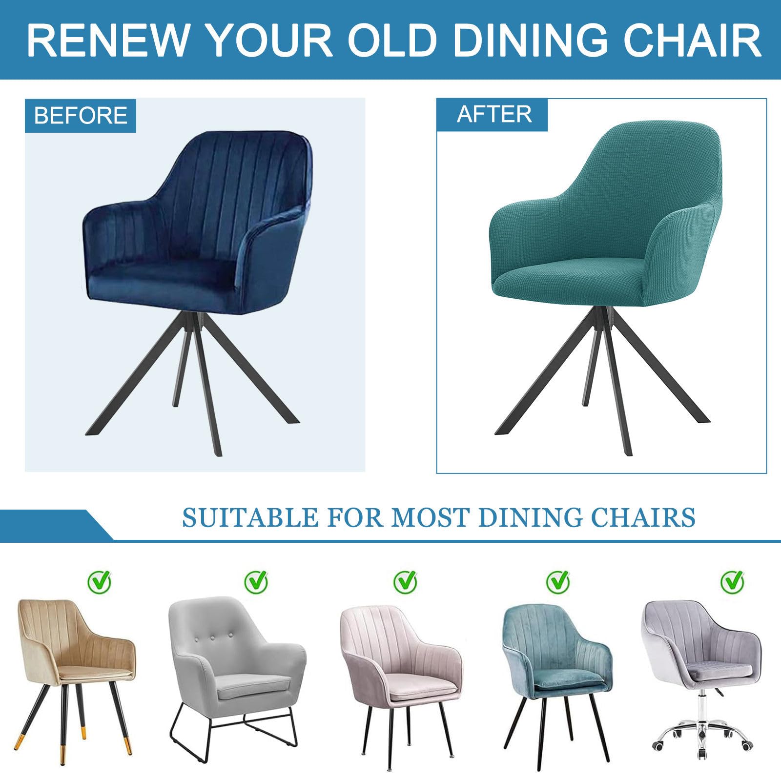 Fundas de Sillas Comedor con Brazos Elástico-Azul Verde-4 Pieza | Cubiertas Suaves y Modernas para Sillas con Respaldo Curvo, Protector de Sillón Extraíble y Lavable para Hogar y Oficina