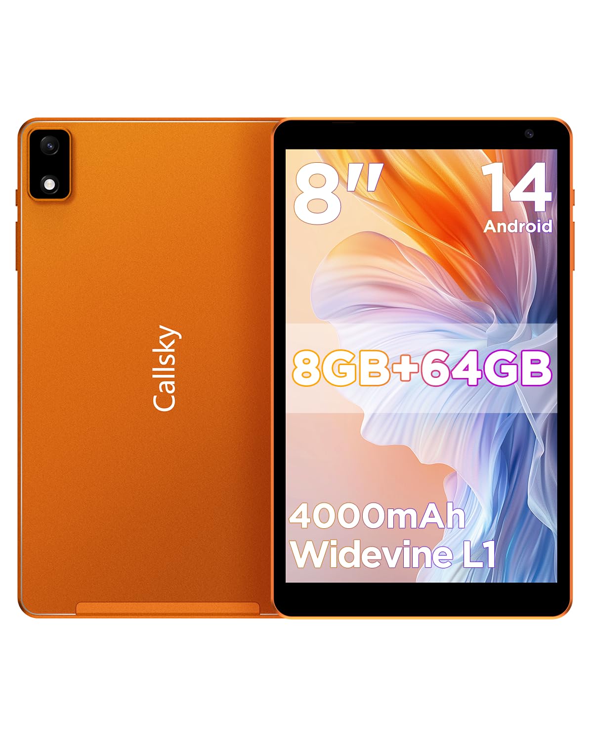 Android Tablet 8 Inch, 12(4+8) GB RAM, 64GB ROM(2TB Expandable), Octa-Core, Wi-Fi 6 & Bluetooth 5.4, Dual Speakers, Metal Body, 6 FT Charging Cable, Reinforced Type-C Port, Orange