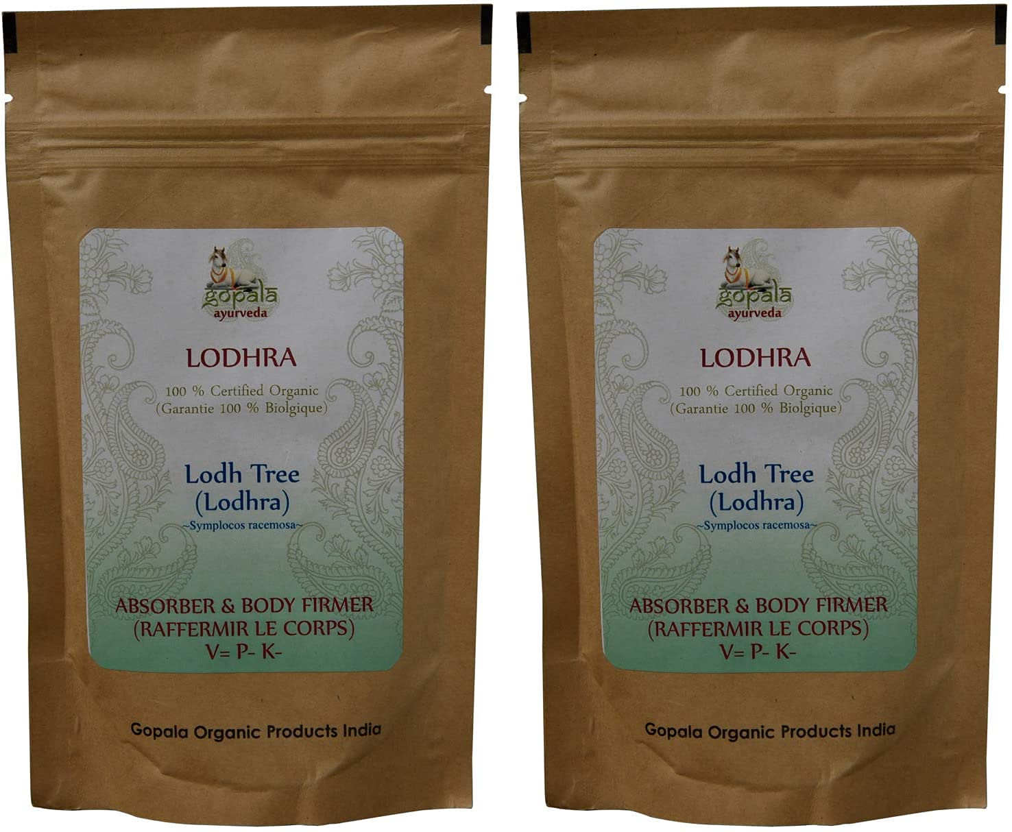 GOPALA AYURVEDA LODHRA Powder (USDA Certified Organic) Ayurvedic Herb Powder - 100g Zip Lock Pouch (Pack of 2)