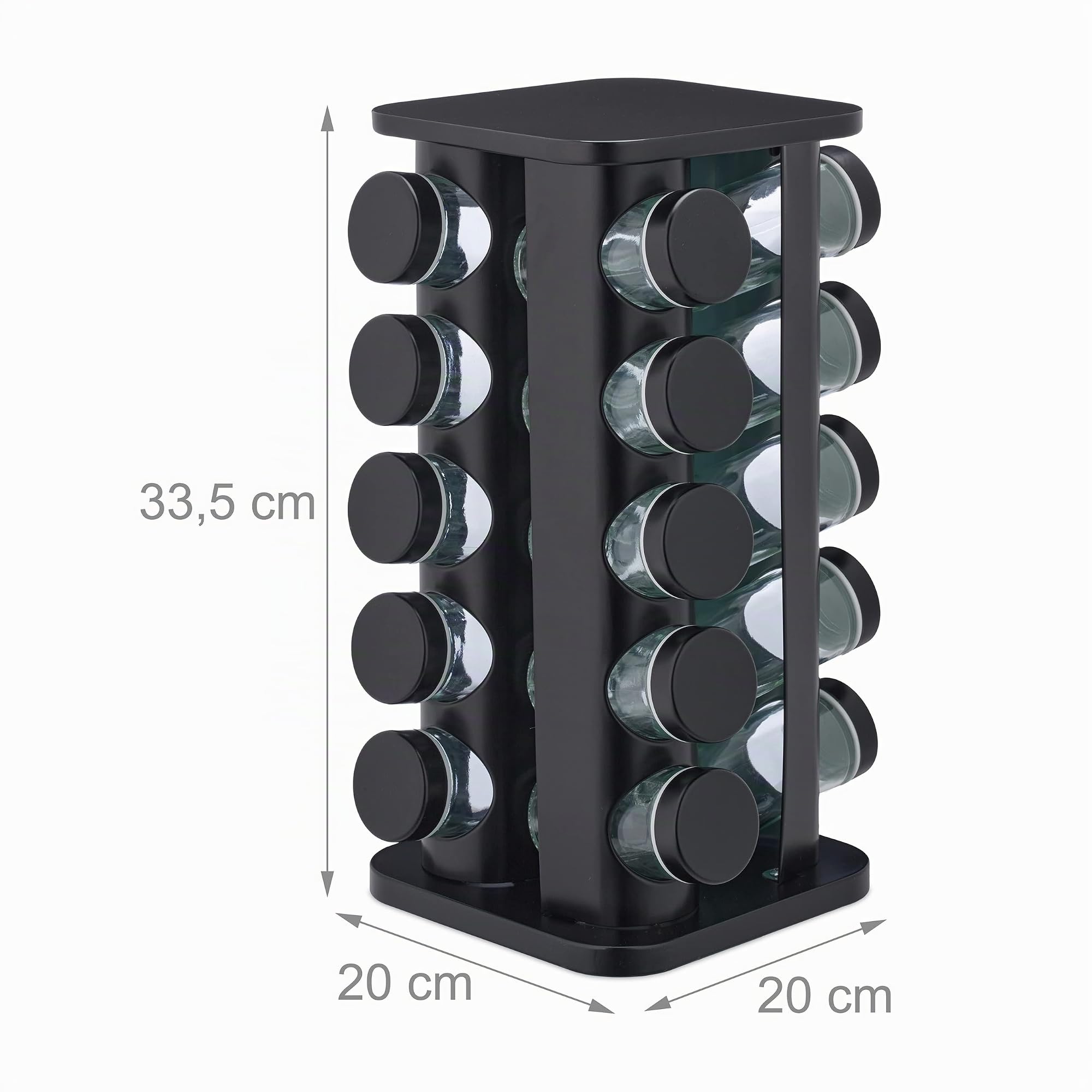Relaxdays Portaspezie da Cucina Girevole, 20 Barattoli, Organizer Rotante a 360°, HLP: 33,5x20x20 cm, Acciaio Inox, Nero