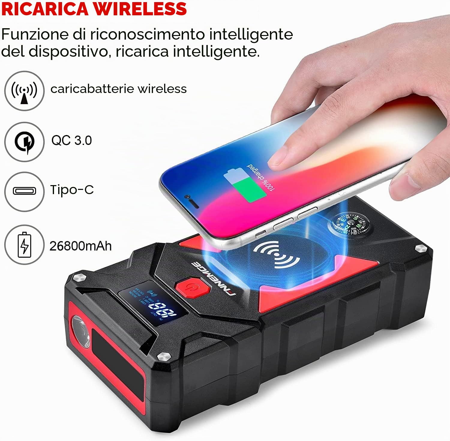 FNNEMGE Avviatore Batteria Auto, 6000A 26800mAh (Adatto a Tutti i Veicoli a Benzina o 10,0L Diesel) Avviatore Emergenza per Auto,con di Uscita USB, Luce LED,Adattatore di uscita EC-5.