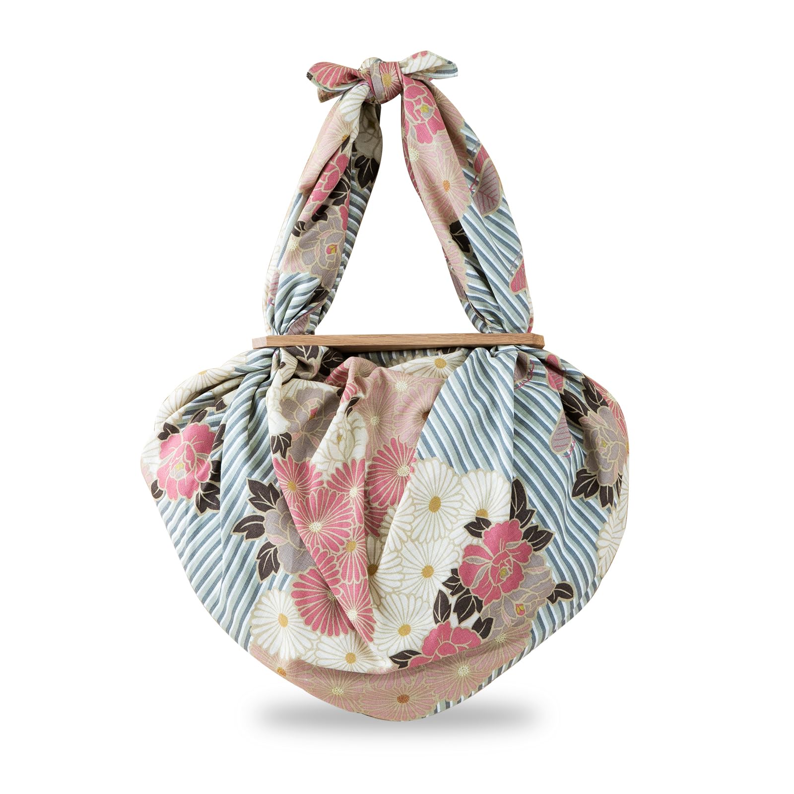 NOREN Furoshiki Wrapping Cloth Bag and Handle Set (Retro Flower Pinkbeige / 39.4 inch) Handbag Japanese Tote Bag Reusable Folding Bag with Pockets/