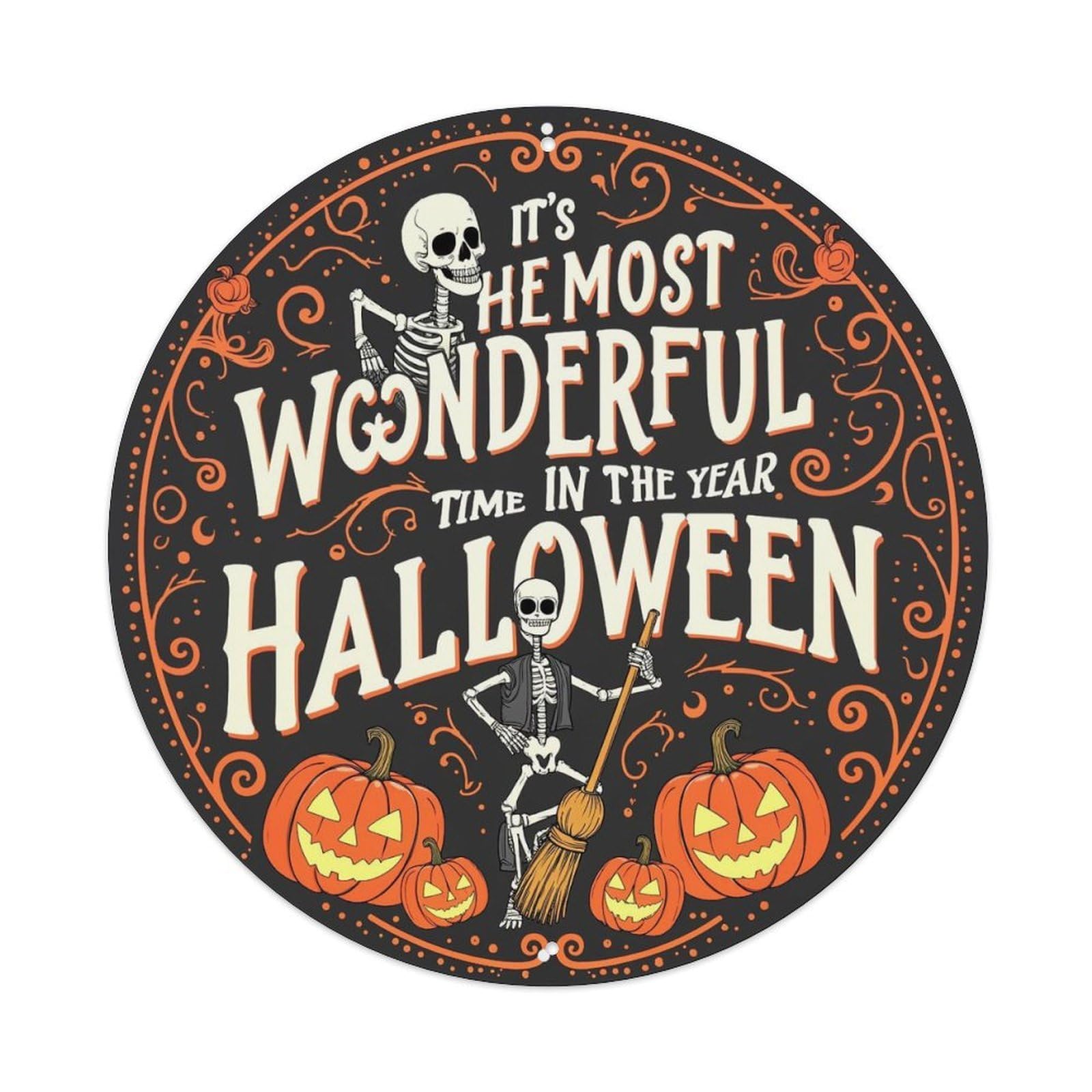 Skeleton Pumpkins Broom Halloween Decor Retro Metal Sign Round Tin Sign, Vintage Decor Art Poster for Bar, Home, Man Cave, Kitchen, Laundry Room Gift 8x8Inch