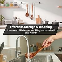 Vista 6 de Juego de cucharas de madera para cocinar, tenedor de pasta y cucharón - 2 utensilios de cocina antiadherentes de madera de teca natural