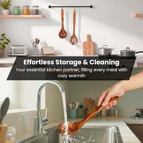 Miniatura 6 de Juego de cucharas de madera para cocinar, tenedor de pasta y cucharón - 2 utensilios de cocina antiadherentes de madera de teca natural para
