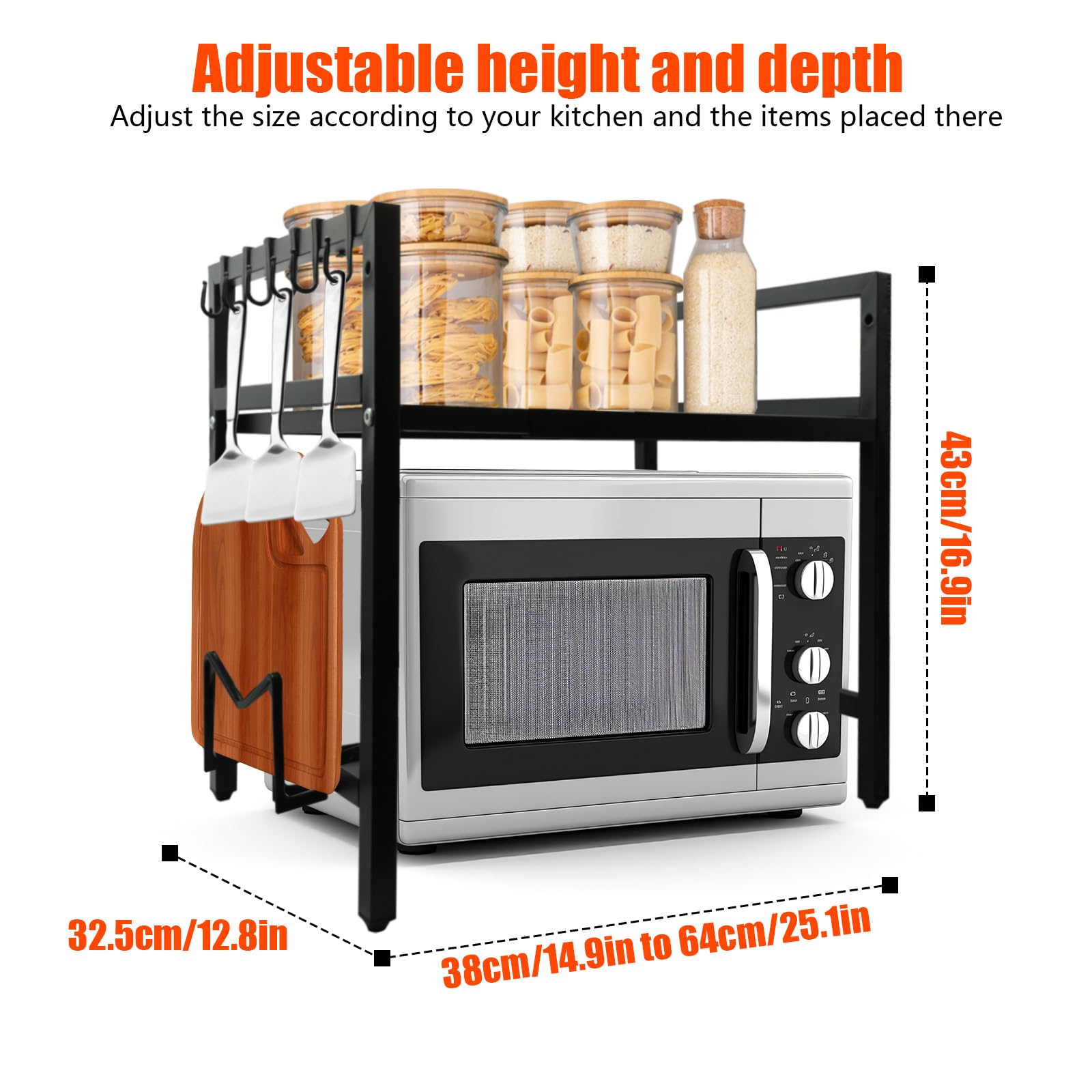 Mensola Microonde, Scaffale Cucina Estensibile 2 Livelli con 6 Ganci, Regolabile Microonde Scaffale, Cucina Salvaspazio Organizzatore Ripiani, Mobiletto Cucina Retrattile 40-64cm