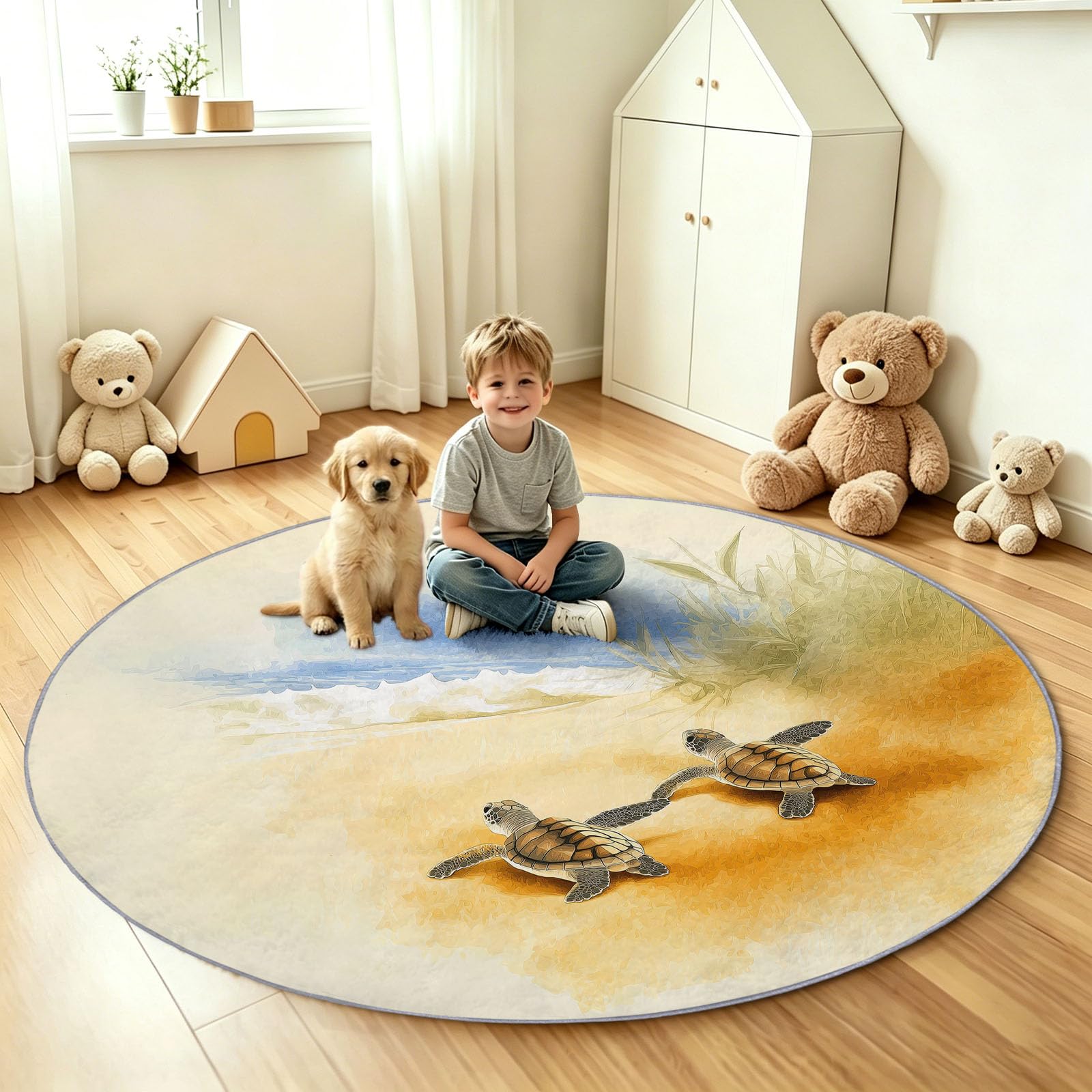 Générique Tappeto rotondo estetico oceano, 180 cm, tartaruga marina, spiaggia, costa, lavabile in lavatrice, per soggiorno, sala da pranzo, cameretta dei bambini, infermiere, pelo corto, morbido
