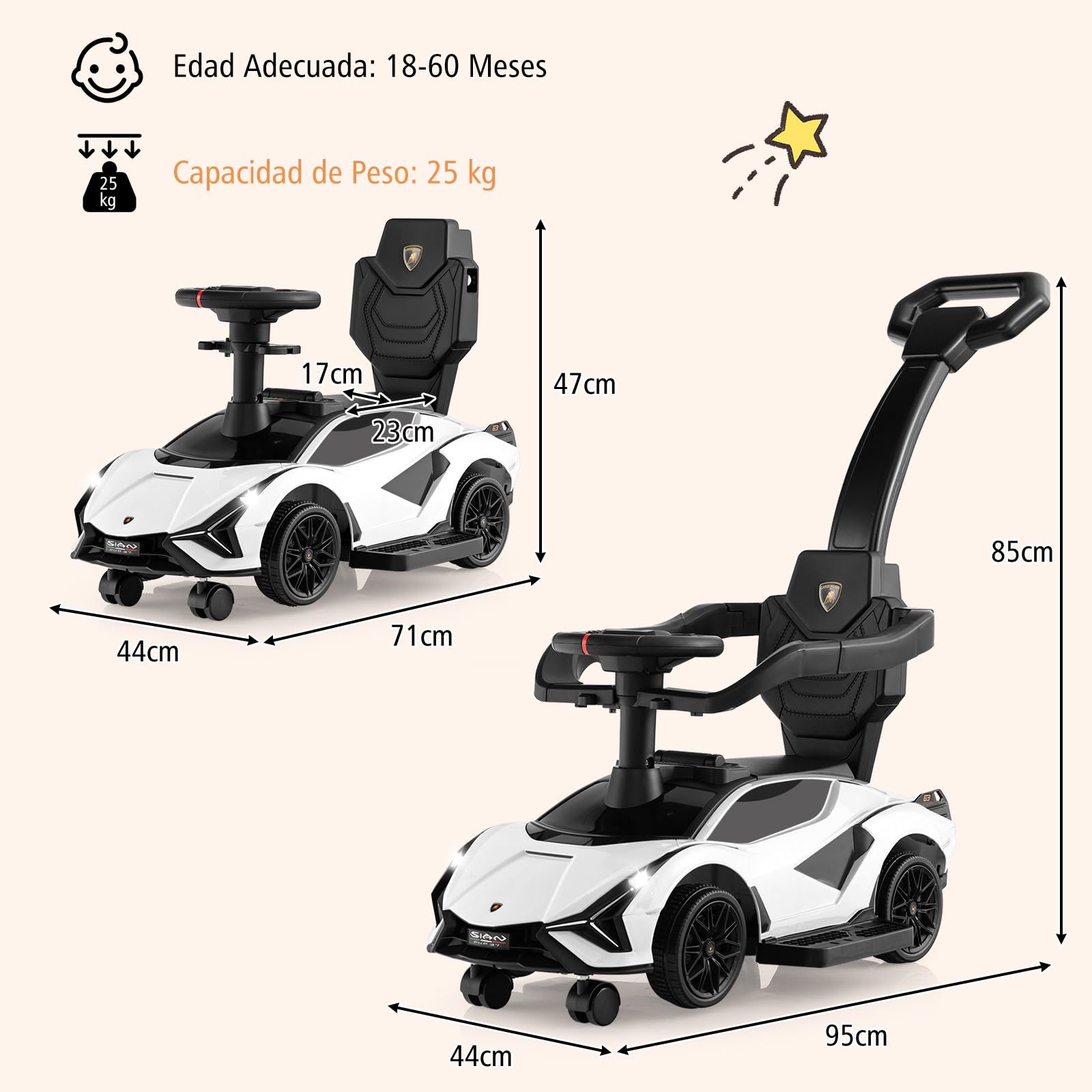 COSTWAY 3 en 1 Coche Correpasillos para Niños, Coche de Empuje Lamborghini, Coche de Paseo para Niños con Barandillas y Manillar Desmontables, Música, Faros y Ruedas Universales Desmontables (Blanco)