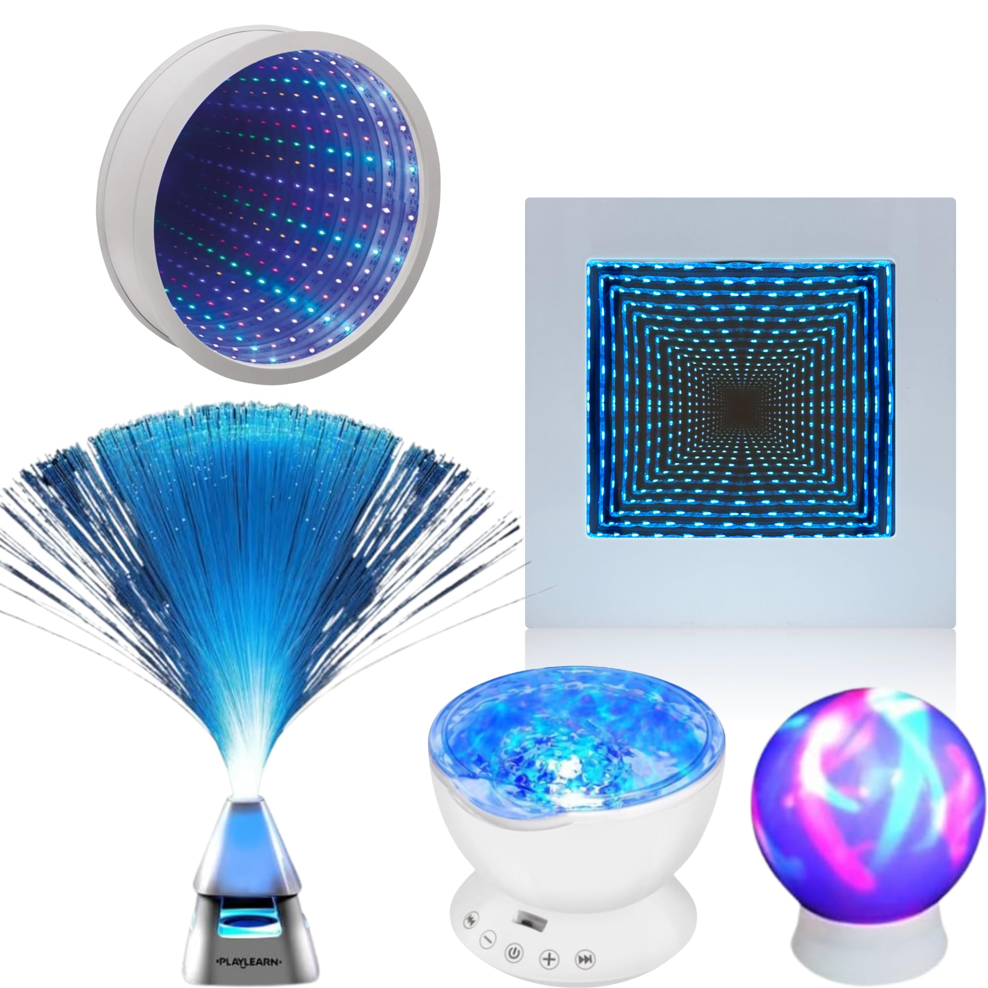 Playlearn Color Changing Sensory Light Led 22Cm Infinity Mirror Tunnel Light Square-23Cm 3D Infinity Mirror Tunnel Light-Ocean Wave Projector Lamp,Fibre Optic Lamp With Wireless Speaker For Home Decor Sensory Lights
