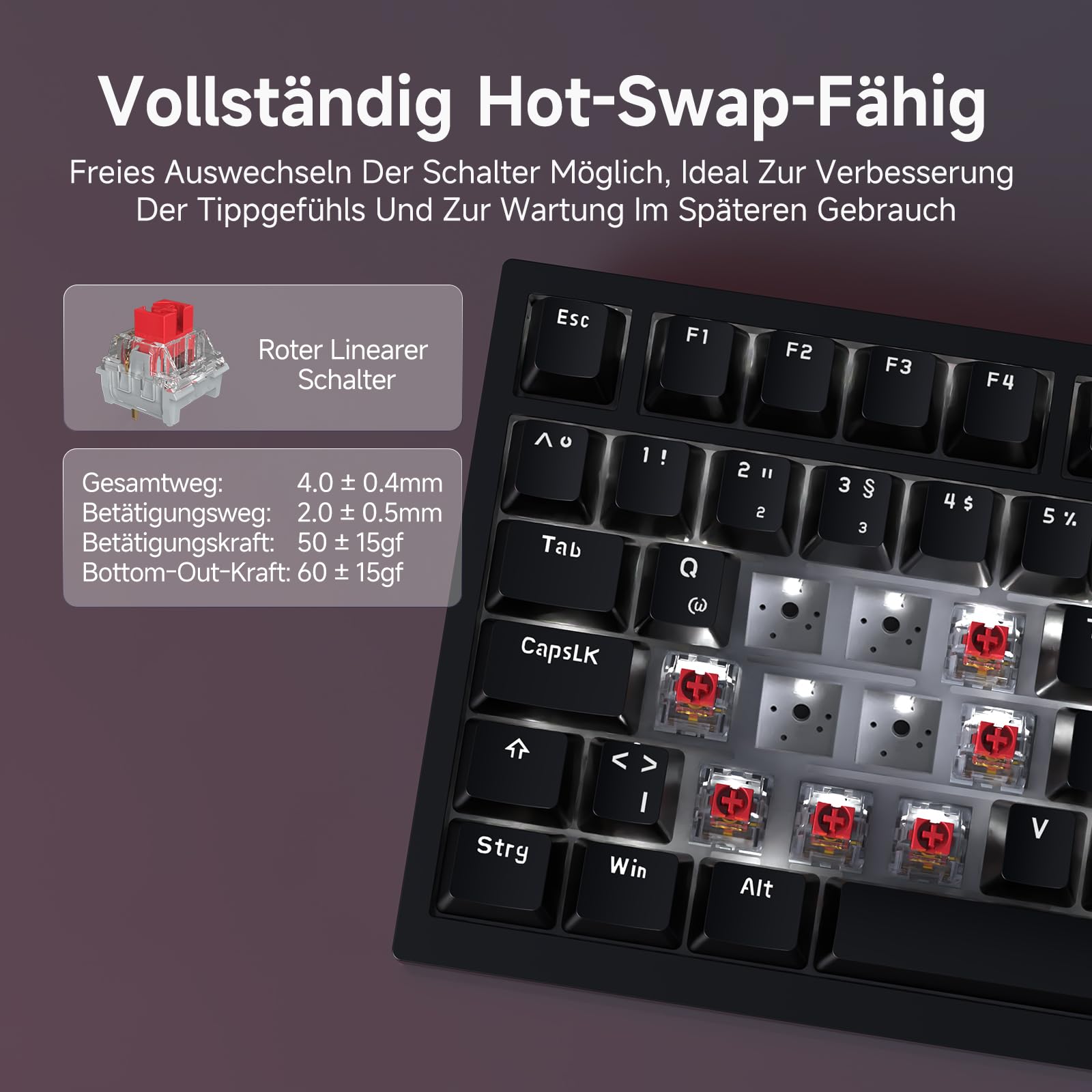 AJAZZ AK820 75% Hot Swappable Wired Mechanical Keyboard, German QWERTZ Layout, PBT Keycaps, 82-Keys Gaming Keyboard, Black