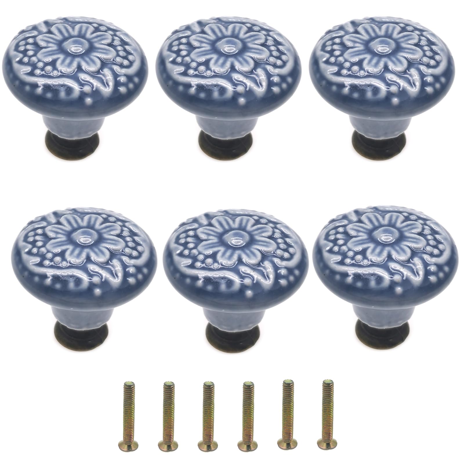 6Pcs Ceramic Drawer Knobs - Vintage Cabinet Pulls, Retro Dresser Decorative Flower Handles for Cupboards & Draws - Blue Furniture Pull