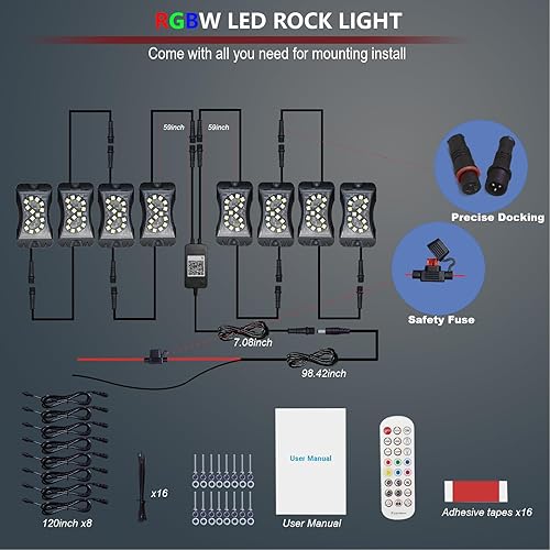 Miniatura 5 de RGBW - Luces LED de roca de color sólido, aplicación de alta potencia, control remoto RF, modo de voz, modo de música, 8 cápsulas, luz multicolor