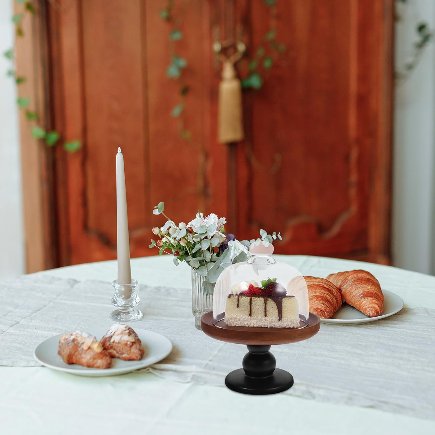 Vintage Acacia Wood Cake Stand with Tall Footed Base and Glass Dome Cover Elegant Dessert Display for Weddings Parties Birthdays for Cakes Pastries Fruits and Appetizers