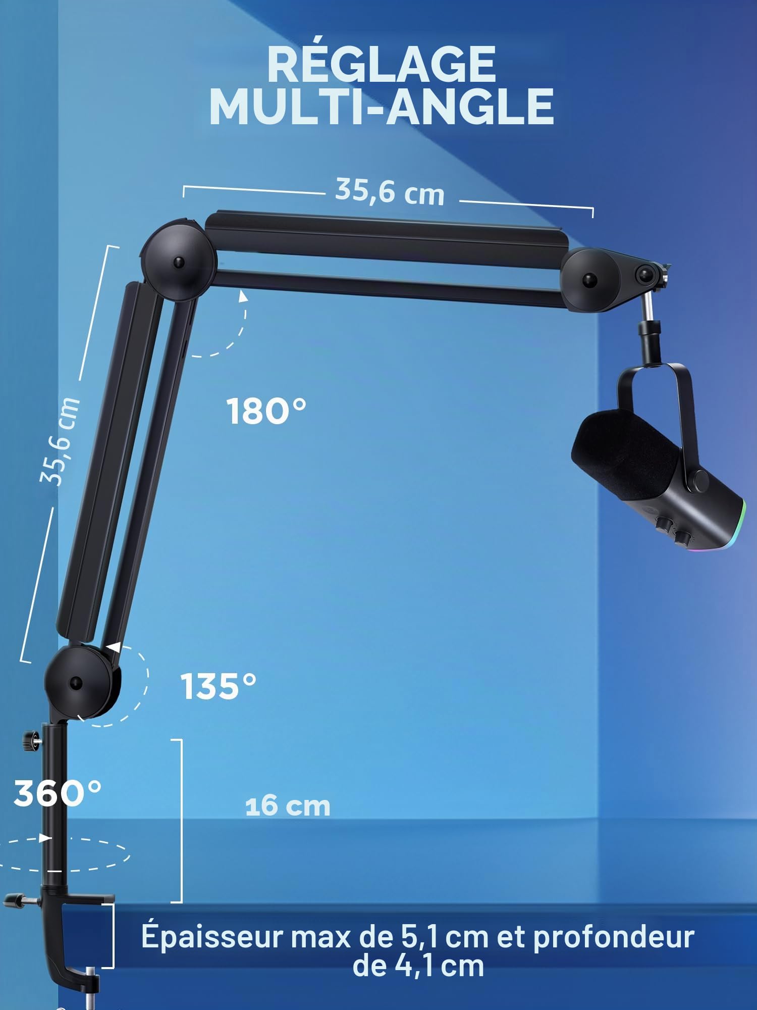 InnoGear Bras de micro avec perche pour gestion des câbles pour Blue Yeti FIFINE AM8 K669B HyperX QuadCast S SoloCast AT2020 Shure SM7B MV7 et autres microphones