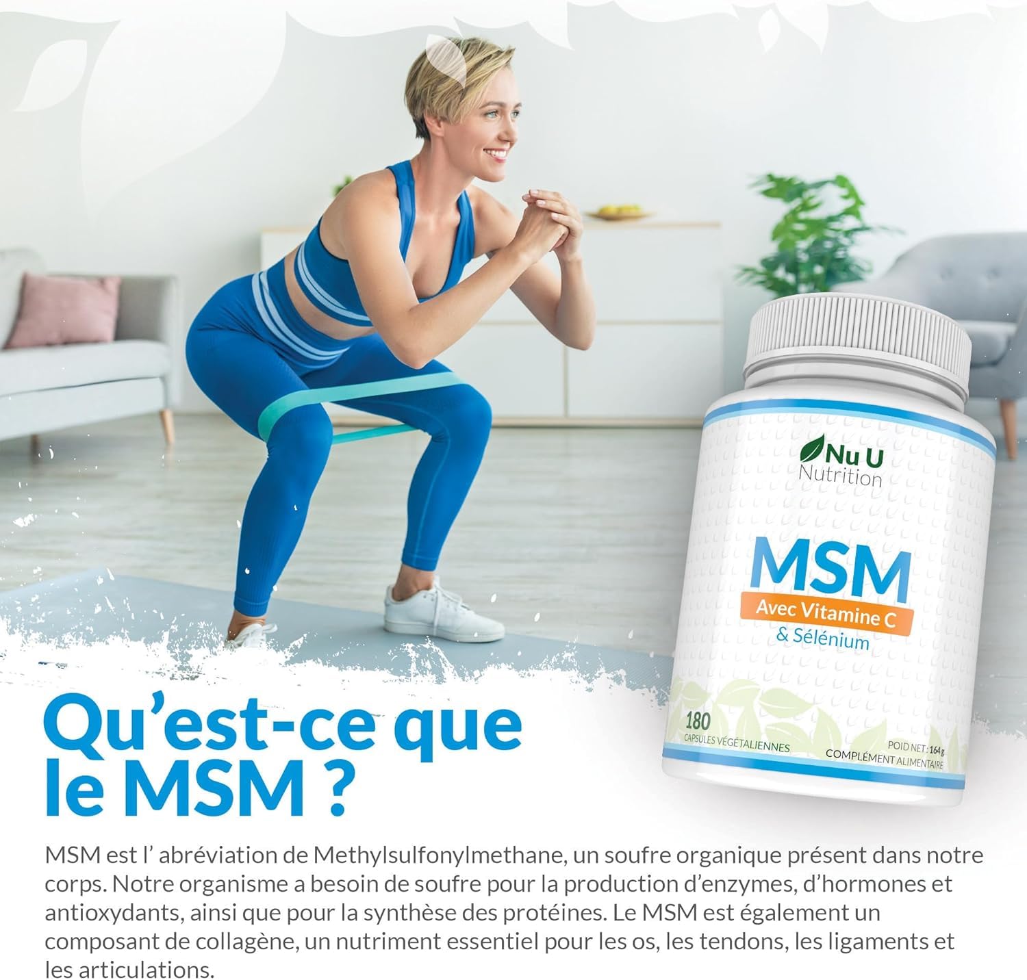 MSM avec Vitamine C et Sélénium - 180 Gélules Vegan - Méthylsulfonilméthane Haute Puissance - Fabriqué en Europe - Nu U Nutrition
