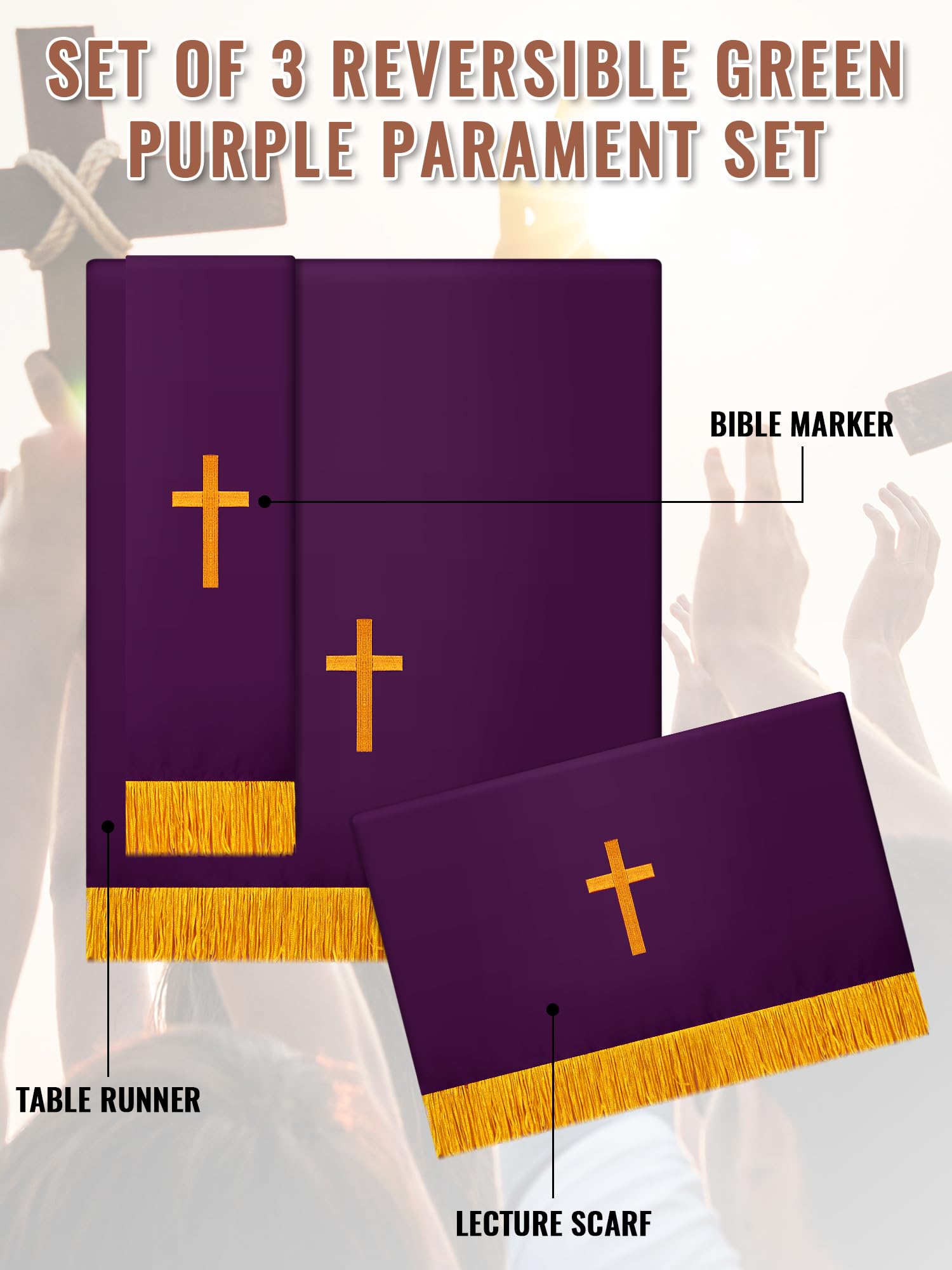 Cutecrop Set of 3 Reversible Parament Set Clergy Table Runner Bookmark Pulpit Scarf with Gold Cross Church Pulpit Accessories (Green and Purple)