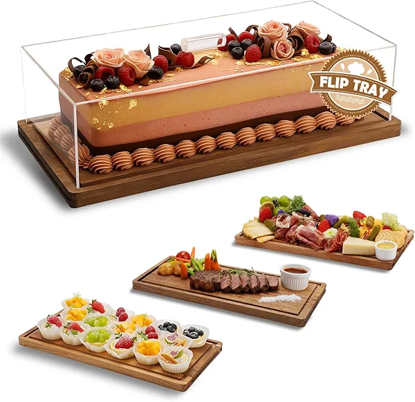 ClouTideR 15-25 Year-old Acacia Wood Cake Stand & Acrylic Lid, 2-in-1 Charcuterie Table Display Set, Wooden Dessert Board with Cover, Rectangle Flip Tray for Fine Dining Restaurant/Home Party(16x7.9”)