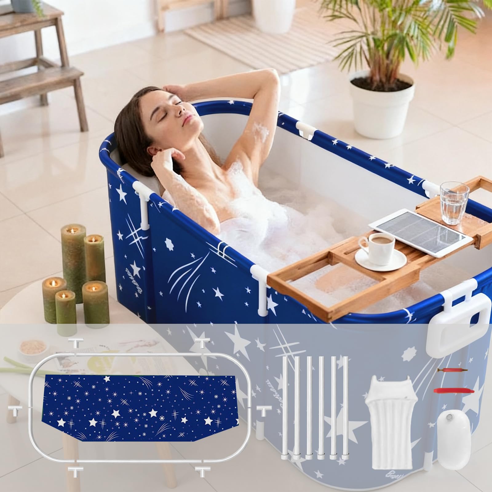 Bañera Plegable para Ducha, Bañera Portátil para Adultos con Cojines, Bañeras Independiente para Interiores y Exteriores, 120 x 55 x 50 cm (Azul)