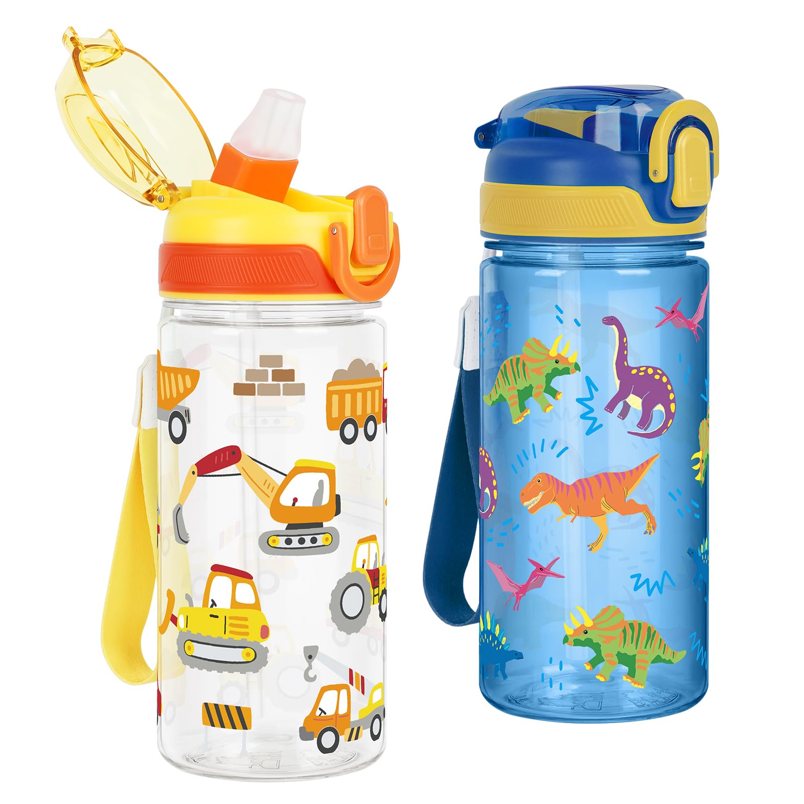 Kids Water Bottles with Straw Tritan 2 Pack 480ML - Dinosaur & Excavator
