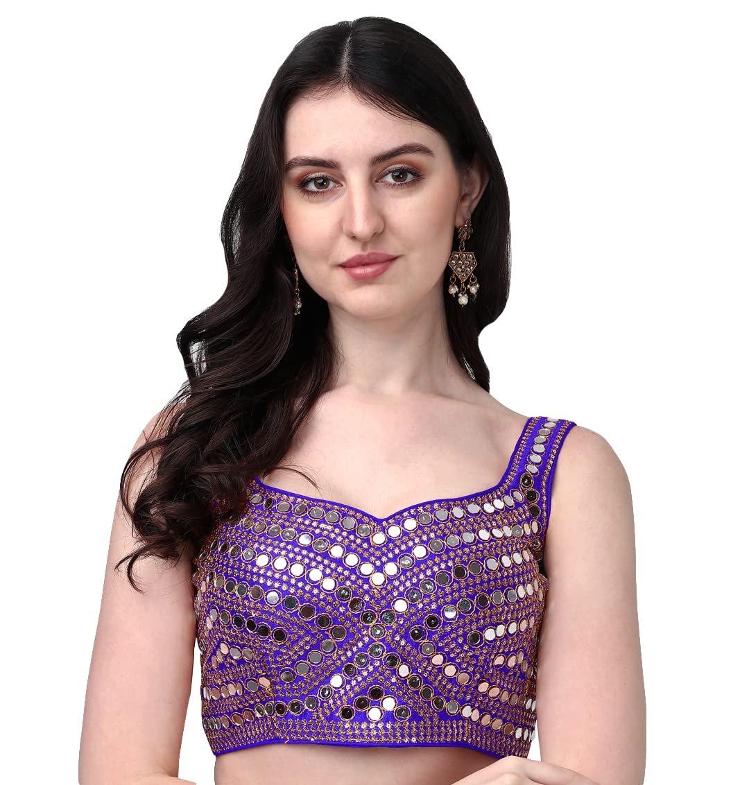 Pujia Mills Women's Embroidery Work Real Mirror Sleeveless Readymade Blouse Royal Blue Color (V-Mirror_Royal Blue_38)