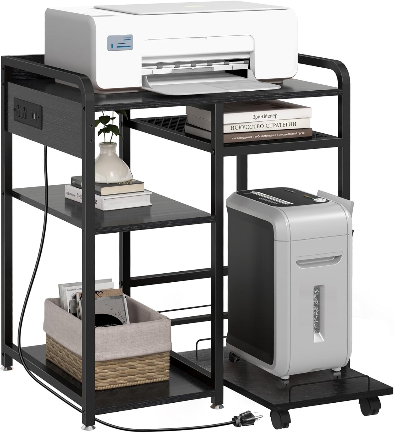 Printer Stands with Charging Station, 23.6 x 18.9 Inch Large Printer Stand with Storage for Home Office, Printer Table with Power Outlet USB Port, Printer Shredder Stand with Wheels, Black