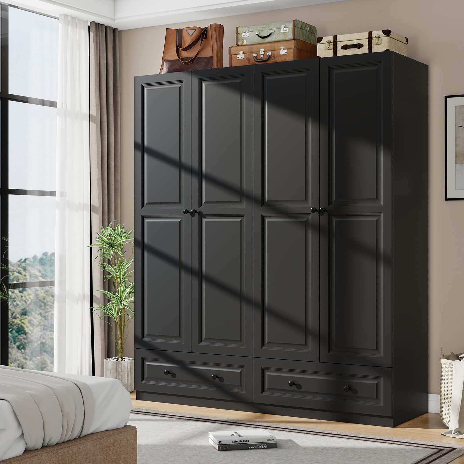 Vrmuxita Armoire Wardrobe Closet with Drawers: 74" Black Tall Wooden Wardrobe Closet for Hanging Clothes, Large Bedroom Armoires with 2 Drawers, 4