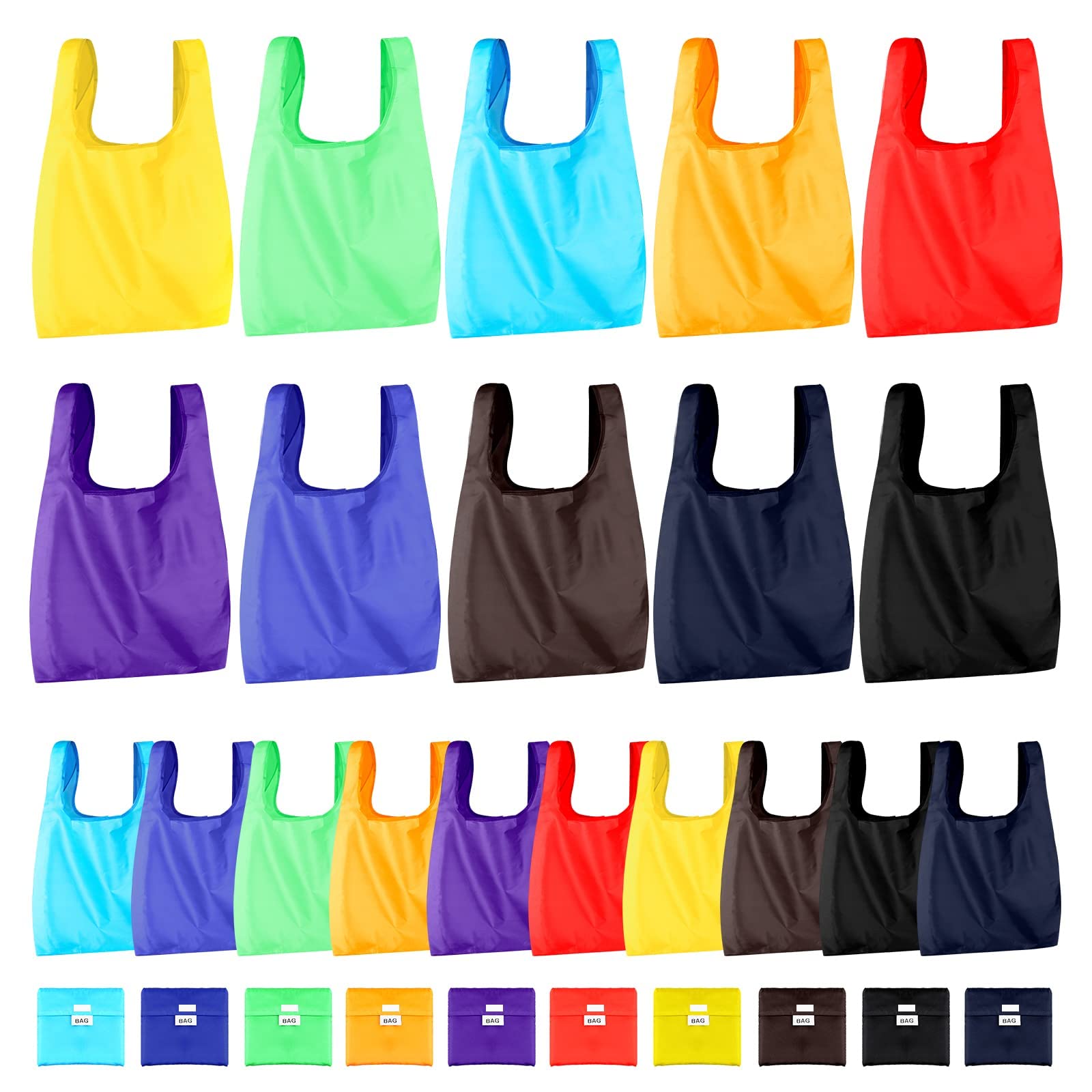 TERRIFI Pack of 20 Reusable Shopping Bags Collapsible Nylon Tote Washable Reusable Bag with Handle Large Waterproof Women's Shopping Bag Lightweight Storage Grocery Tote （random color）