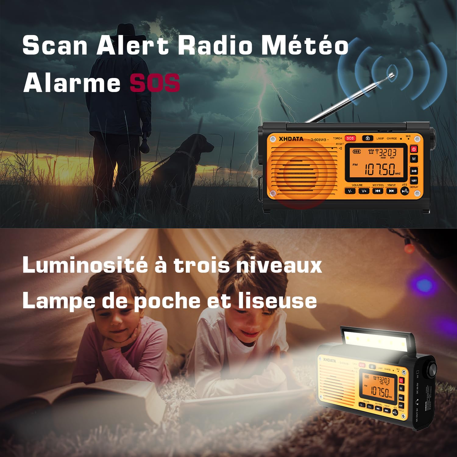 Radio Portable Radio a Pile Survie Radio Portable Urgence Radio Générateur à Manivelle avec Charge Solaire Alarme SOS avec Lampe de Poche