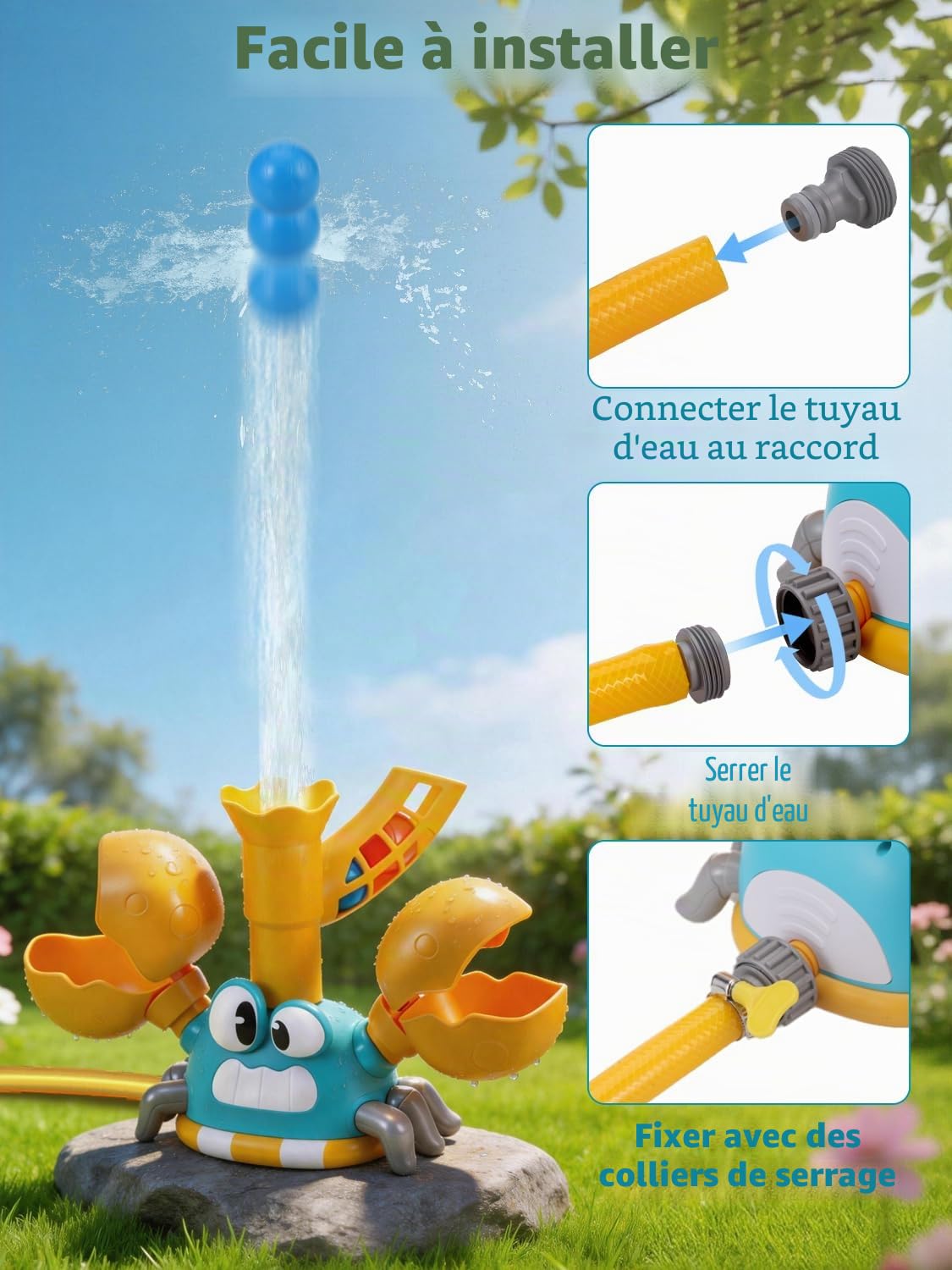 3-en-1 Jeux Exterieur Enfant 3 4 5 6 7 8 9 Ans, Jouets d'Arrosage pour Jardin Forme de Crabe avec Jeu de Lancer et de Rattrapage, Cadeau Créatifs pour Garçons et Filles, Jouet d'Été pour Enfants
