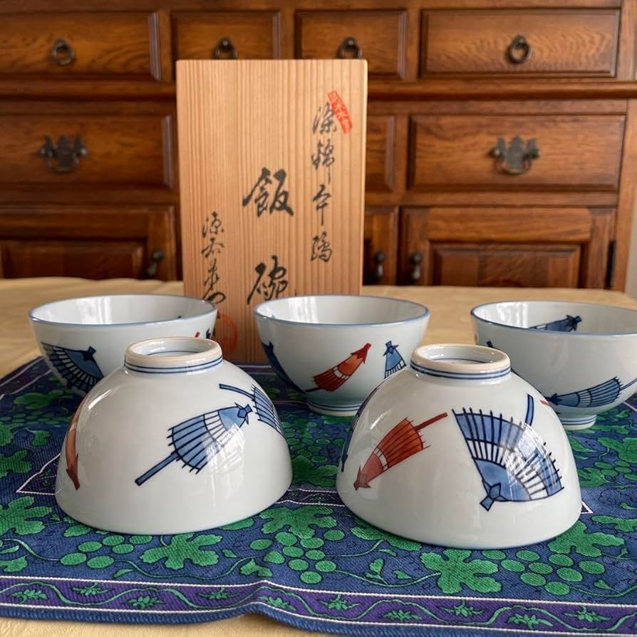 源右衛門 染錦傘絵 飯碗5個セット 源右衛門 染錦傘絵 飯碗5個セット 館林源右衛門 染錦傘絵 飯碗