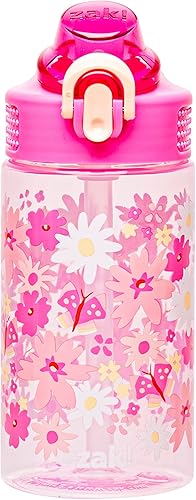Zak Designs Botella de agua de plástico duradero, 16 oz, pajilla, asa, cubierta de boquilla emergente a prueba de fugas (Flower Power), escuela,