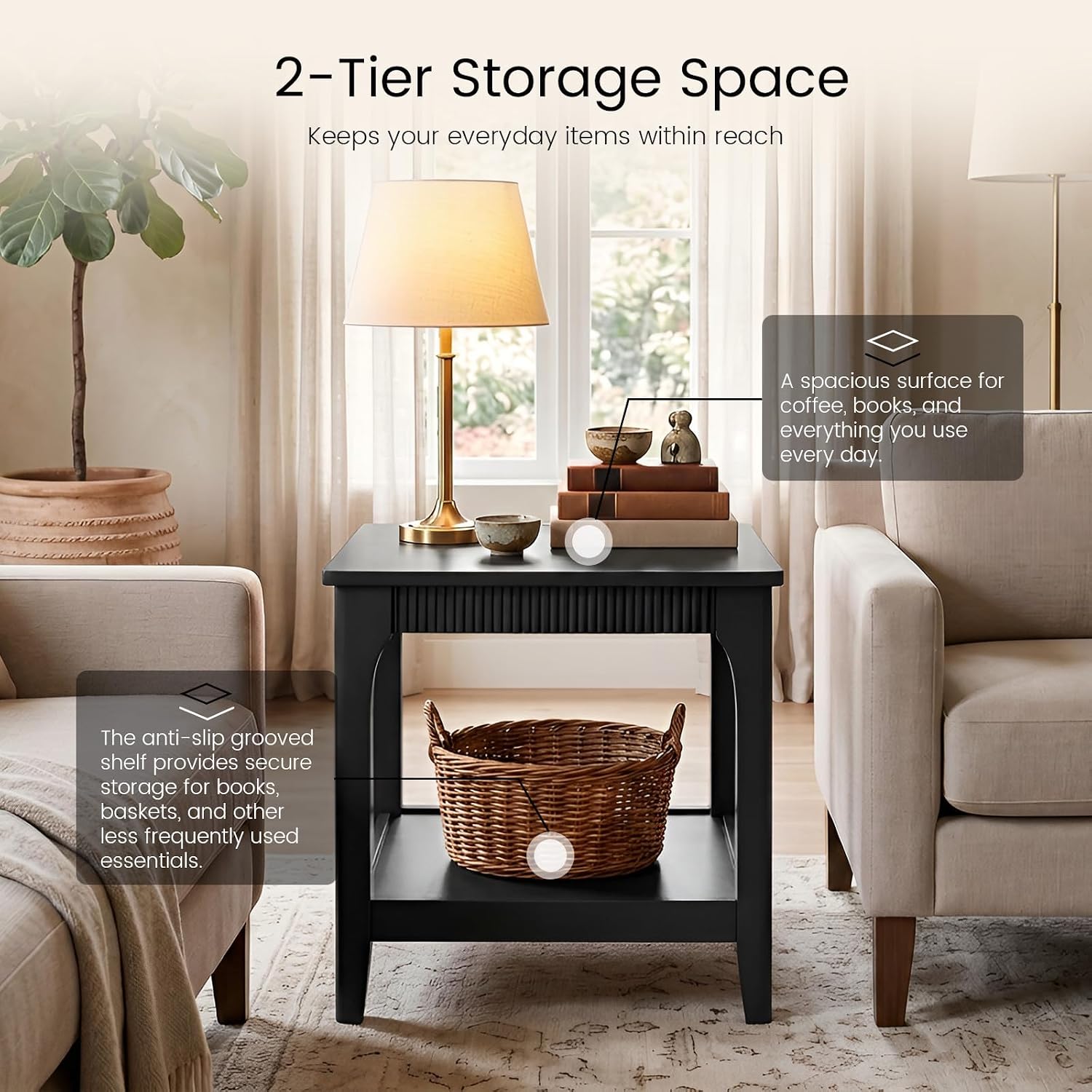 Solid Wood End Table,20.1" Square Side Table with Open Storage Shelf Black image 3