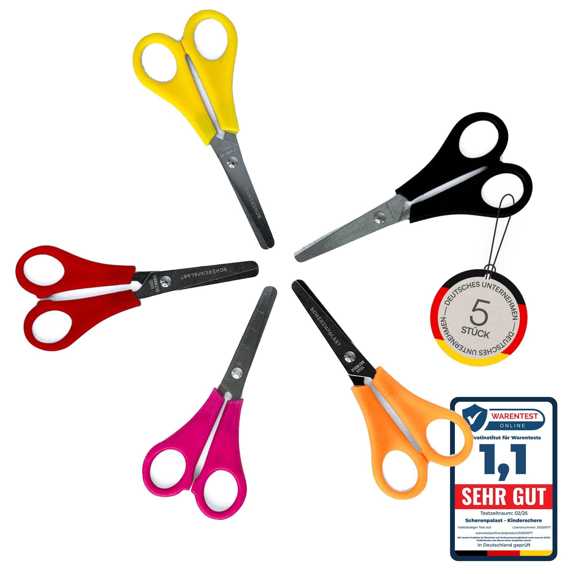 Children's Scissors Pack of 5 | Scissors with Integrated 5 cm Ruler | Craft Scissors 11 cm Ideal for Children's Hands | Safety Thanks to Rounded Tip | 1st Class School Scissors