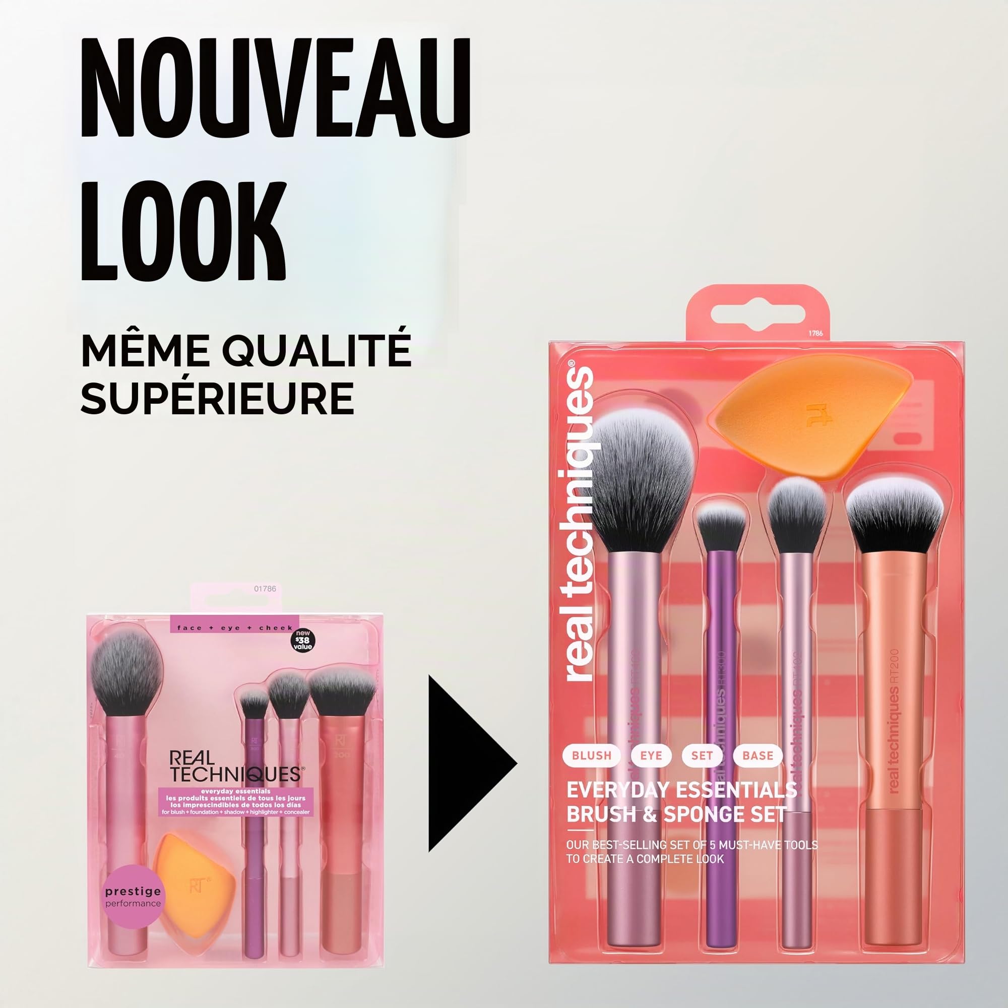 Real Techniques Kit Everyday Essentials, 6 pièces, 4 pinceaux maquillage + 2 éponges teint, application fond de teint, fard à joues, estompage précis, finition naturelle