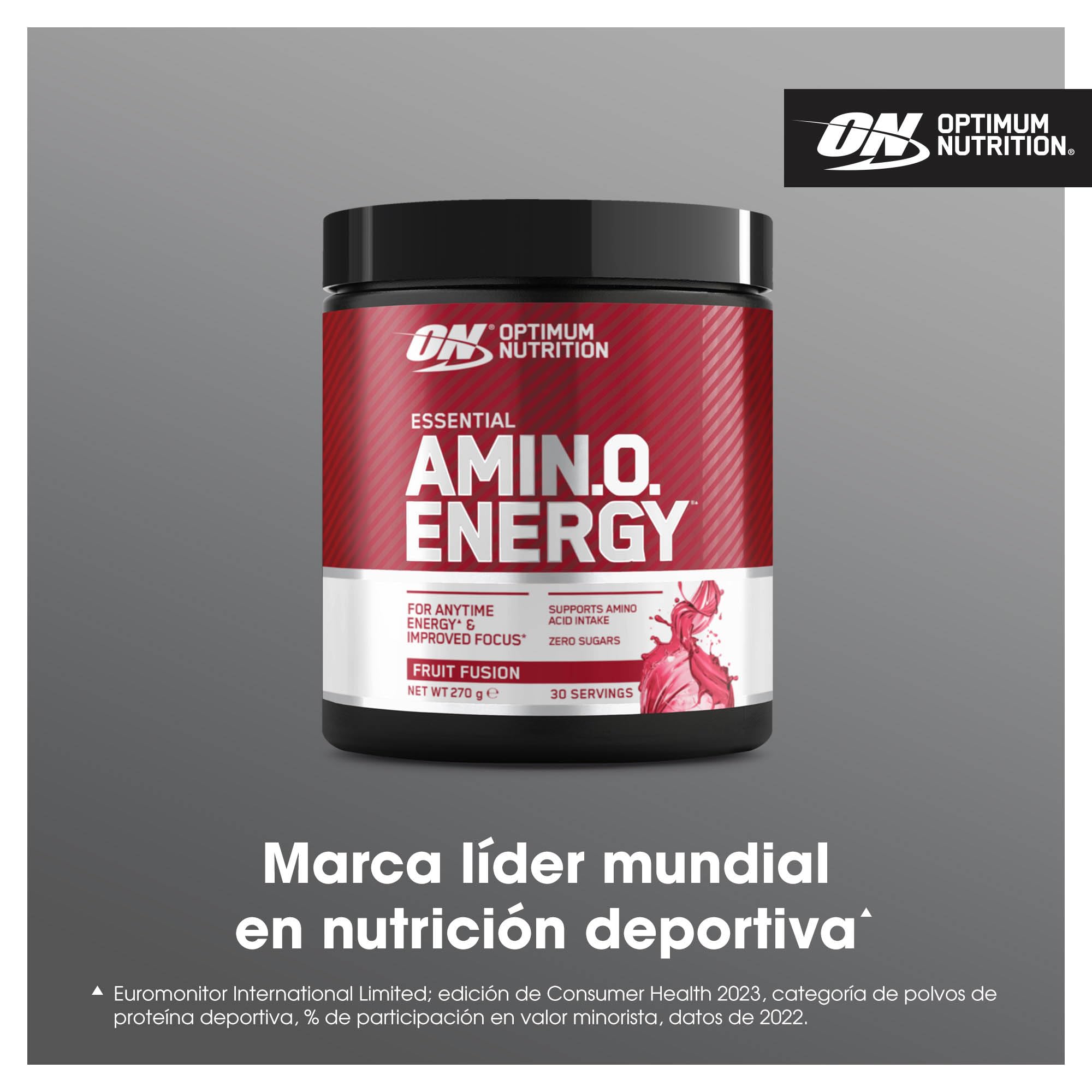 Optimum Nutrition Amino Energy Polvo Pre Entrenamiento, Bebida Energética con Aminoácidos, BCAA, L-Glutamina y L-Leucina, Complemento con Vitamina C y Cafeína, Sabor Fruit Fusion, 30 Porciones, 270 g