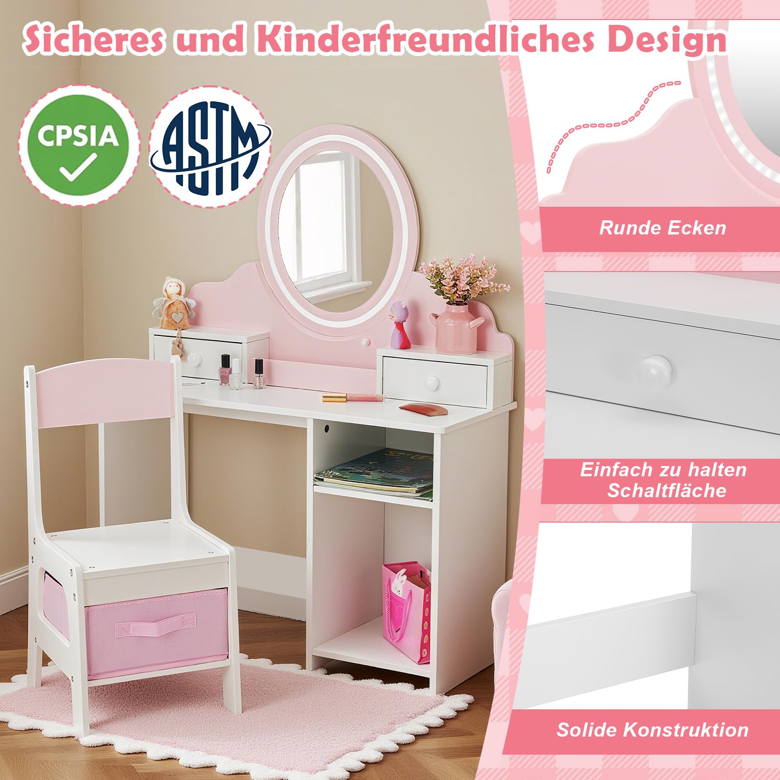 JOYLDIAS 2 in 1 Schminktisch Kinder mit Hocker und LED-Spiegel, Prinzessin Frisiertisch Schreibtisch mit Schublade, Regal und Körbchen, Kinder Schminktisch für mädchen ab 3 Jahre, Rosa