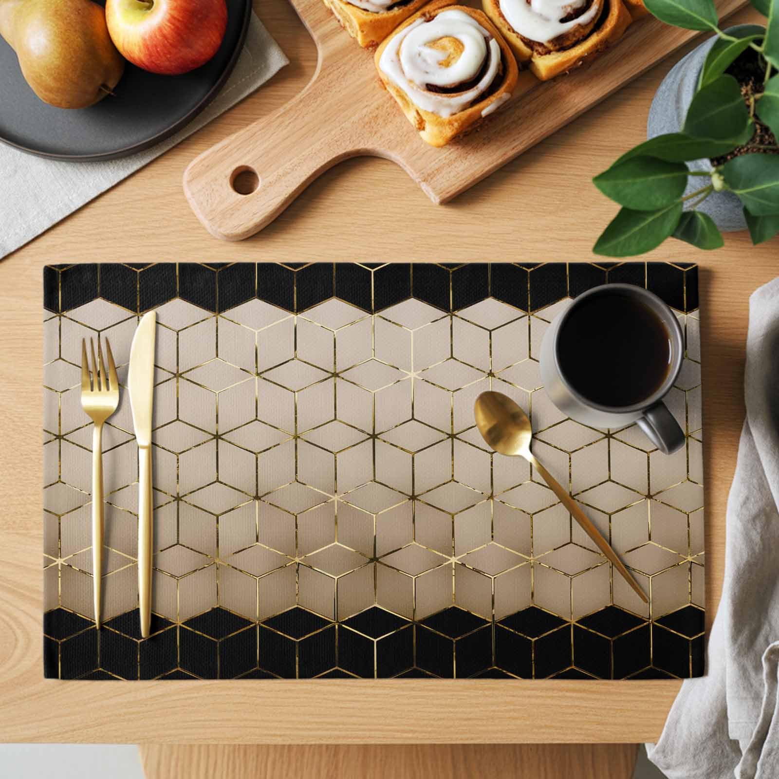 Juego de 6 manteles individuales con patrón geométrico, cubos de arte abstracto, color marrón, negro, dorado, resistentes al calor, antideslizantes, de arpillera, para mesa de comedor, cocina, fiesta,
