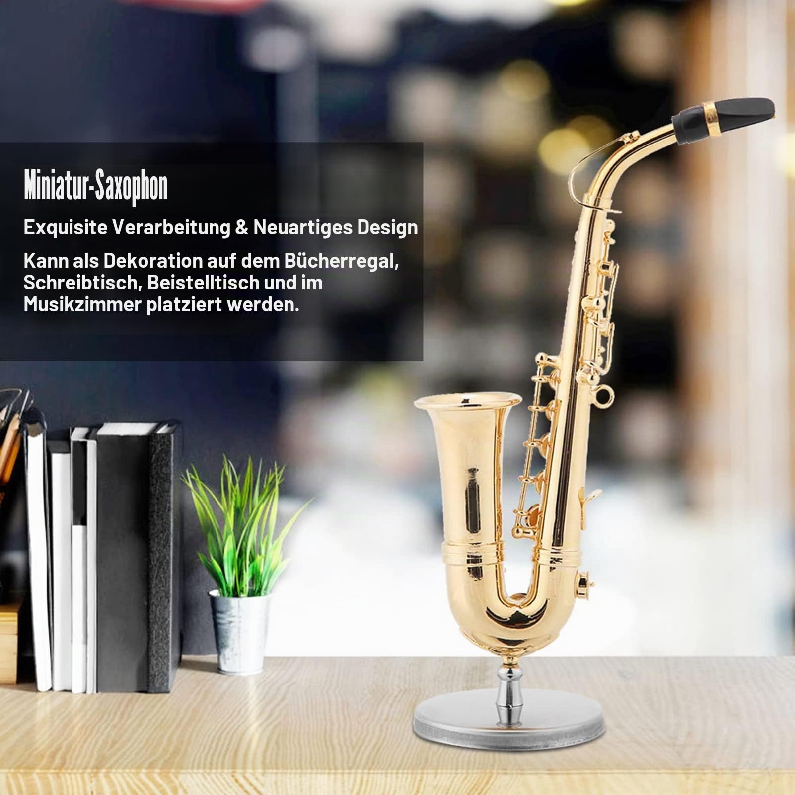 Miniatur Altsaxophon Replik mit Ständer und Gehäuse Vergoldetes Instrument Modell Erstklassiges Mini-Musikinstrument Golden Plated Musical Ornaments