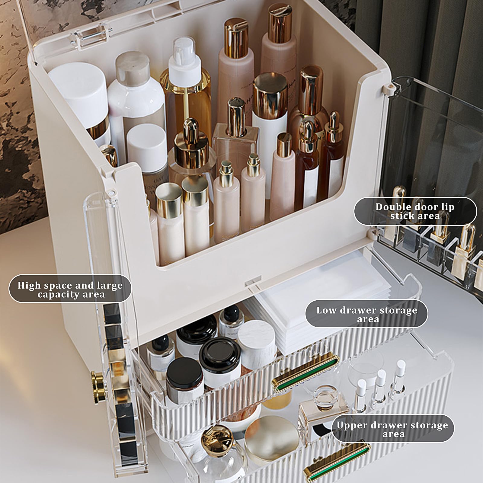 DASITON Makeup Organizer for Vanity,Large Capacity Skincare Organizers,Dustproof Makeup Storage Box,Cosmetic Display Cases with 2 Drawers and Lids,Cosmetic Organizer for Bathroom Countertop(Cream)