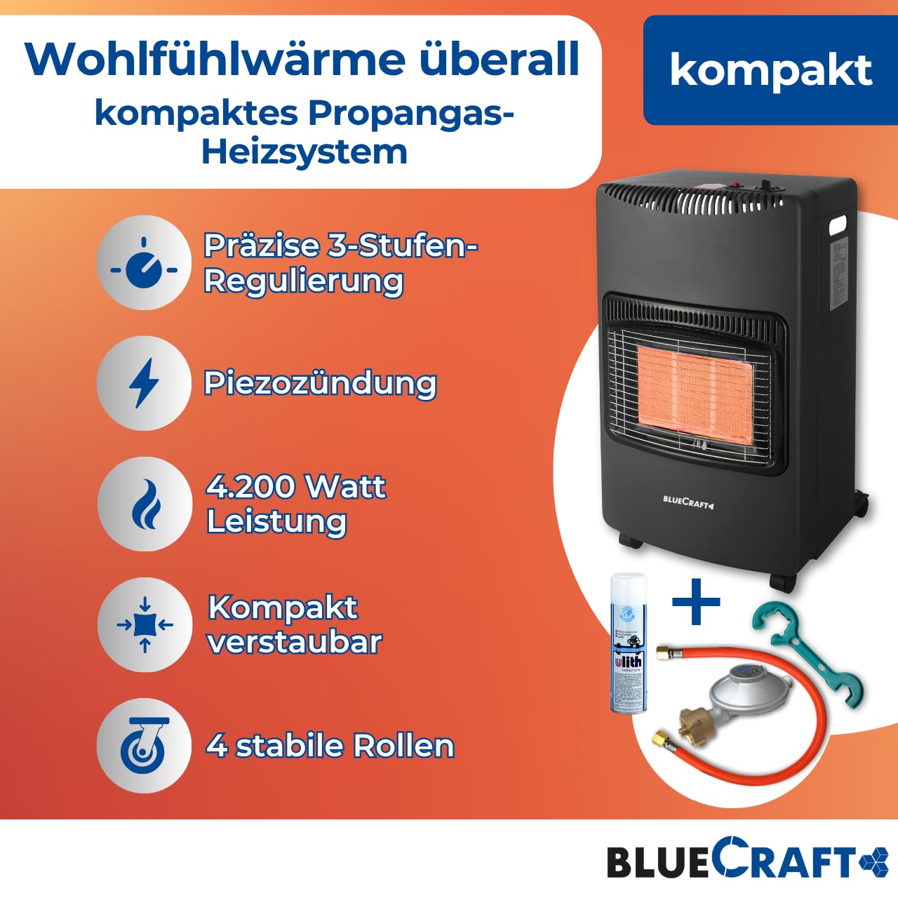Bluecraft Heizofen Gas 4,2 kW + Druckregler Gasschlauch Gasregler Schlüssel | Gasheizofen für Innenräume, Infrarot Heizstrahler, Gasheizer, Notofen, Camping Heizung, Notheizung für Gasflasche 5kg 11kg