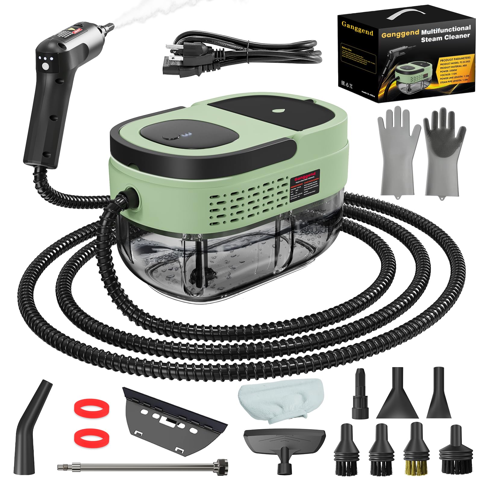Photo 1 of Handheld Steam Cleaner for Home, 2500W High Temperature Pressurized Machine, 1.6L Water Tank, Handle-controlled Steam Output, Portable Cleaning Steamer for Car, Bed Bugs, Furniture (Green, 16 PCS)